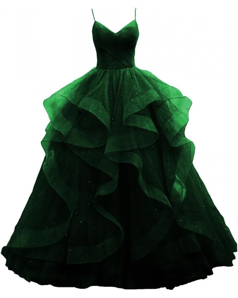 Glitter Tulle Prom Dresses 2024 Spaghetti Straps Ball Gown for Women Long Homecoming Dresses for Teens Emerald Green $43.70 D...