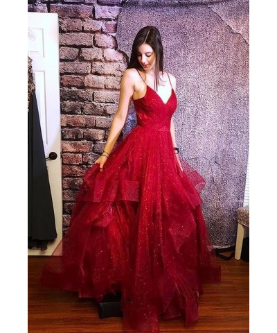 Glitter Tulle Prom Dresses 2024 Spaghetti Straps Ball Gown for Women Long Homecoming Dresses for Teens Emerald Green $43.70 D...