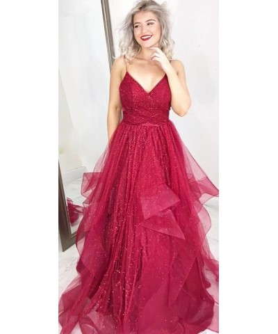 Glitter Tulle Prom Dresses 2024 Spaghetti Straps Ball Gown for Women Long Homecoming Dresses for Teens Emerald Green $43.70 D...