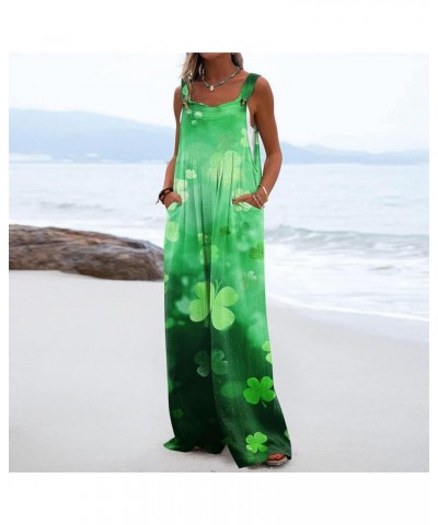 Wide Leg Jumpsuit for Women St. Patrick's Day Irish Shamrock Printed Romper Sleeveless Adjustable Straps Baggy Overalls 37lig...