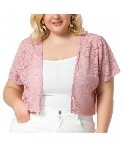 Plus Size Bolero Shrugs for Women Open Front Short Sleeve Crochet Lace Cropped Cardigans Pink $13.92 Sweaters