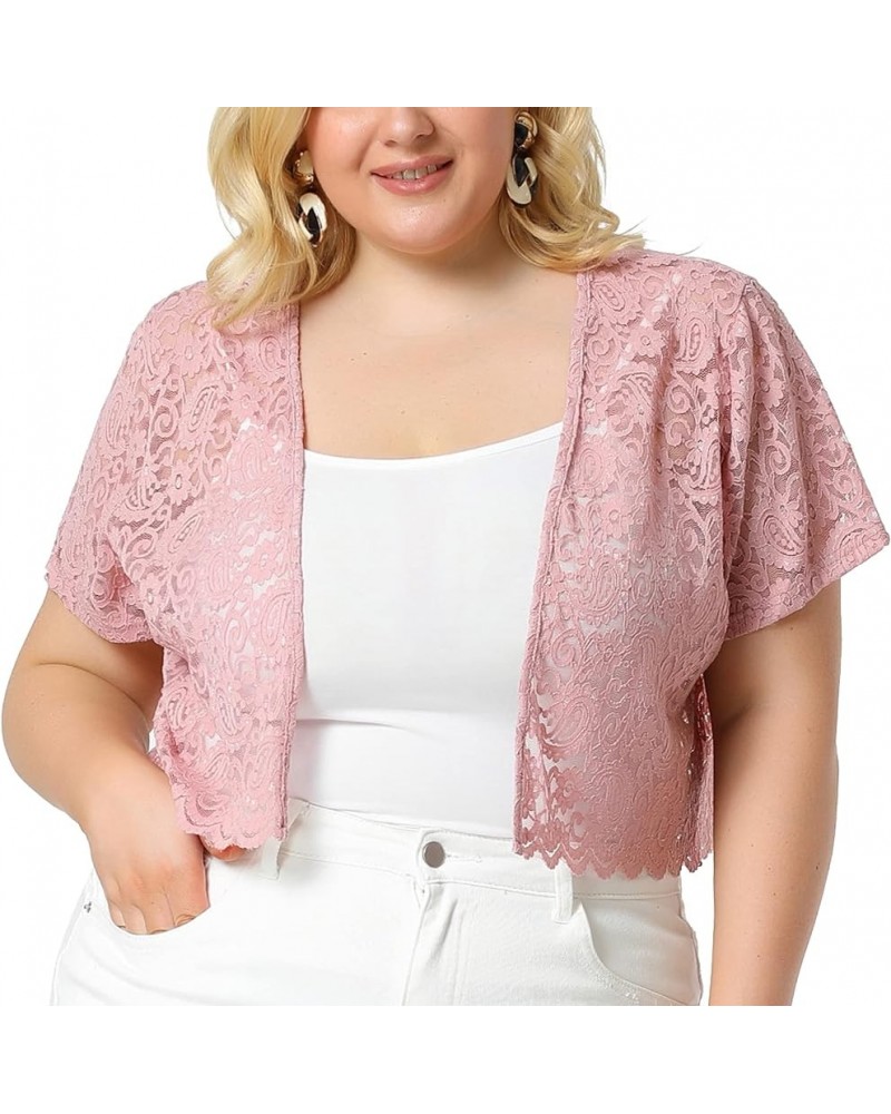 Plus Size Bolero Shrugs for Women Open Front Short Sleeve Crochet Lace Cropped Cardigans Pink $13.92 Sweaters