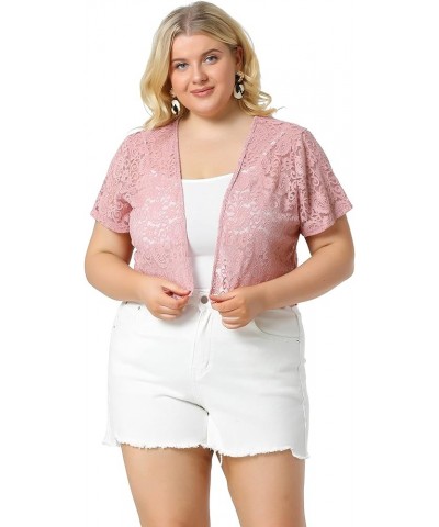 Plus Size Bolero Shrugs for Women Open Front Short Sleeve Crochet Lace Cropped Cardigans Pink $13.92 Sweaters