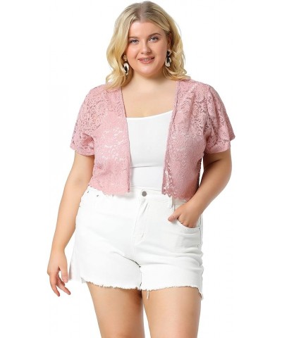 Plus Size Bolero Shrugs for Women Open Front Short Sleeve Crochet Lace Cropped Cardigans Pink $13.92 Sweaters