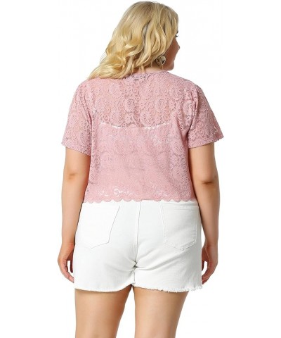 Plus Size Bolero Shrugs for Women Open Front Short Sleeve Crochet Lace Cropped Cardigans Pink $13.92 Sweaters