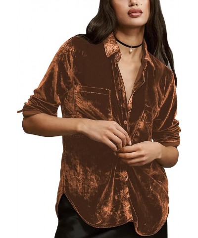 Womens Velvet Button Down Shirts Loose Fit Boyfriend V Neck Collared ShirtLong Sleeve Blouses Tops Brown $15.38 Blouses