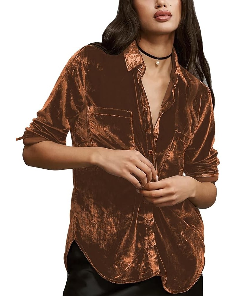 Womens Velvet Button Down Shirts Loose Fit Boyfriend V Neck Collared ShirtLong Sleeve Blouses Tops Brown $15.38 Blouses