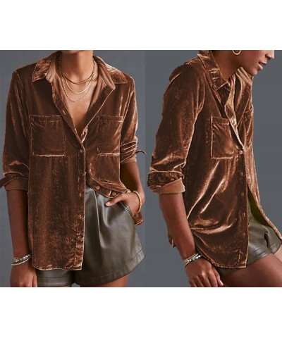 Womens Velvet Button Down Shirts Loose Fit Boyfriend V Neck Collared ShirtLong Sleeve Blouses Tops Brown $15.38 Blouses