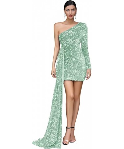 Women's One Shoulder Sequin Prom Dresses Short Long Sleeve Corset Sparkly Formal Evening Party Gowns with Train Sage Green $3...