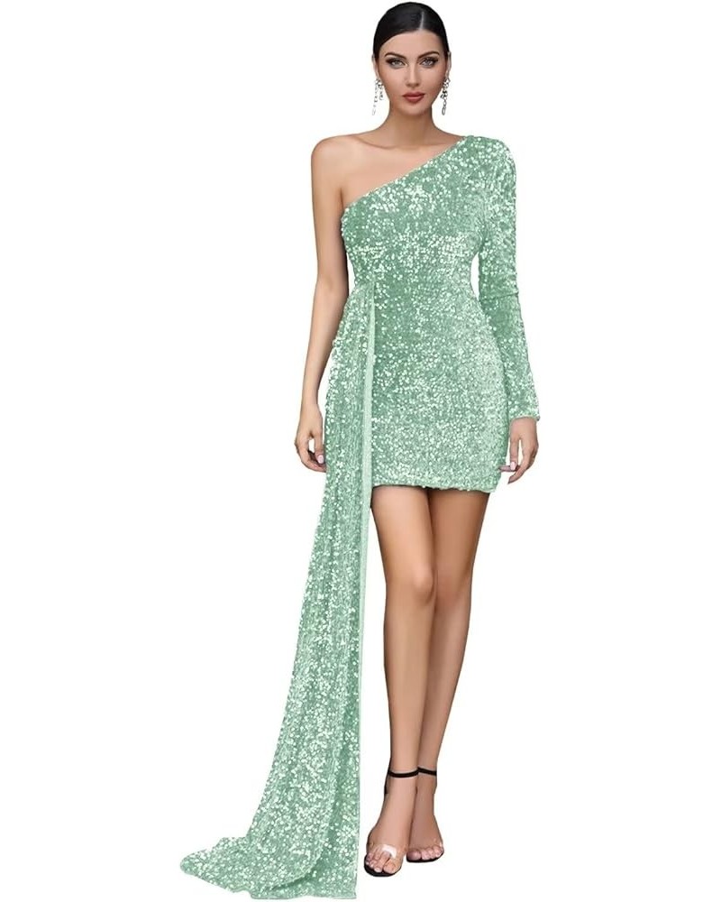 Women's One Shoulder Sequin Prom Dresses Short Long Sleeve Corset Sparkly Formal Evening Party Gowns with Train Sage Green $3...