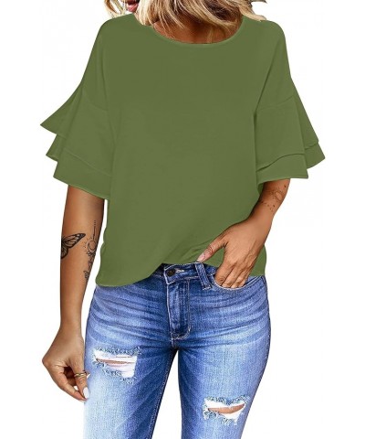 Women's Casual 3/4 Tiered Bell Sleeve Crewneck Loose Tops Blouses Shirt A1 Calliste Green $15.80 Blouses