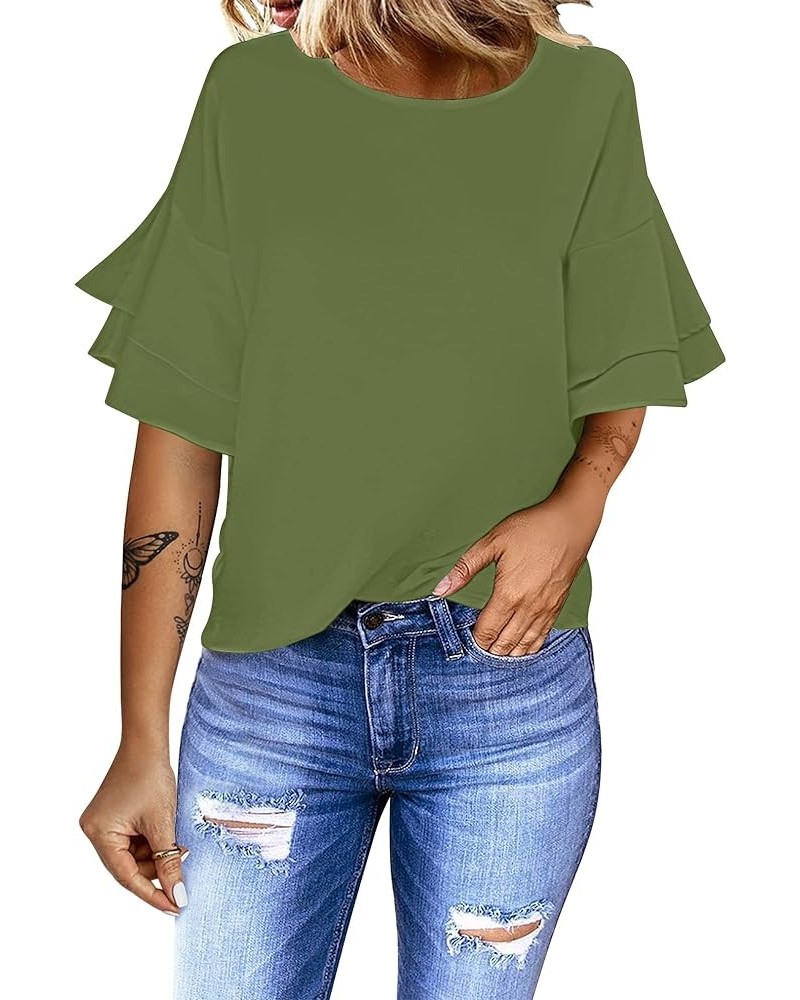 Women's Casual 3/4 Tiered Bell Sleeve Crewneck Loose Tops Blouses Shirt A1 Calliste Green $15.80 Blouses