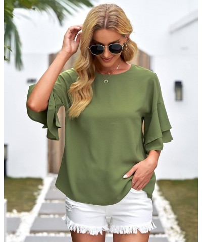 Women's Casual 3/4 Tiered Bell Sleeve Crewneck Loose Tops Blouses Shirt A1 Calliste Green $15.80 Blouses