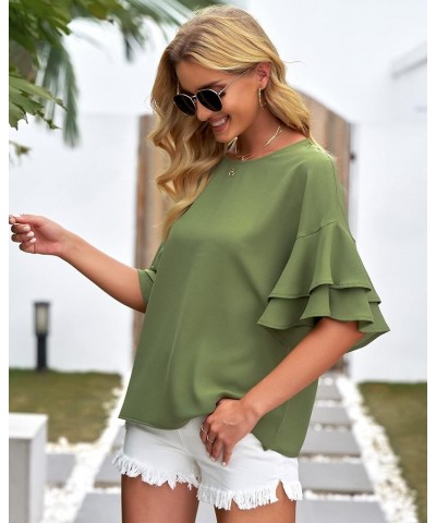 Women's Casual 3/4 Tiered Bell Sleeve Crewneck Loose Tops Blouses Shirt A1 Calliste Green $15.80 Blouses