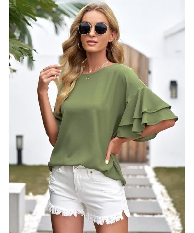 Women's Casual 3/4 Tiered Bell Sleeve Crewneck Loose Tops Blouses Shirt A1 Calliste Green $15.80 Blouses