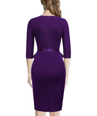 Women's 1950S V-Neck 3/4 Sleeve Ruffle Design Cocktail Pencil Dress Purple $26.31 Dresses