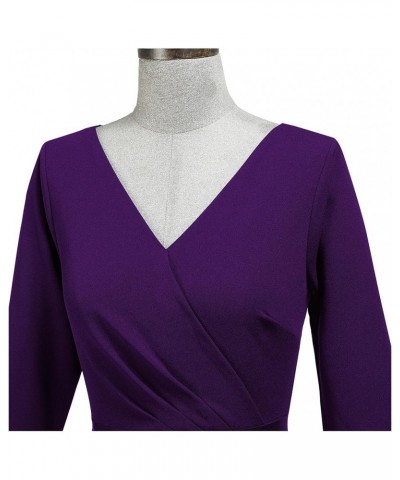 Women's 1950S V-Neck 3/4 Sleeve Ruffle Design Cocktail Pencil Dress Purple $26.31 Dresses