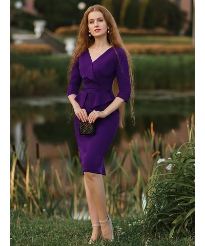 Women's 1950S V-Neck 3/4 Sleeve Ruffle Design Cocktail Pencil Dress Purple $26.31 Dresses