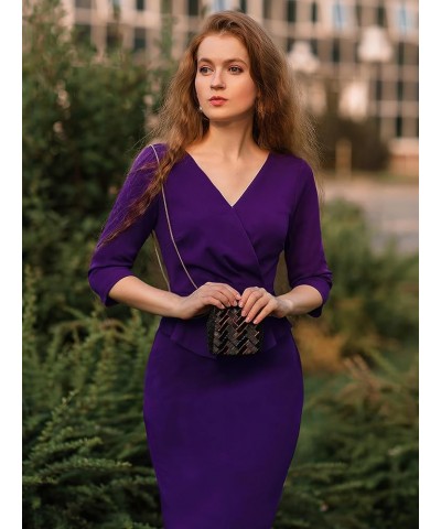 Women's 1950S V-Neck 3/4 Sleeve Ruffle Design Cocktail Pencil Dress Purple $26.31 Dresses