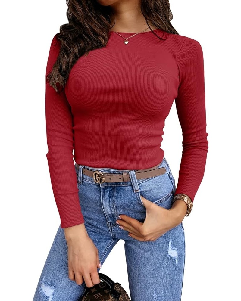 Women's Long Sleeve Stretch Slim Fitted Ribbed T-Shirt Blouse Cut Out Solid Basic Tops Red $13.33 Blouses