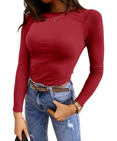 Women's Long Sleeve Stretch Slim Fitted Ribbed T-Shirt Blouse Cut Out Solid Basic Tops Red $13.33 Blouses