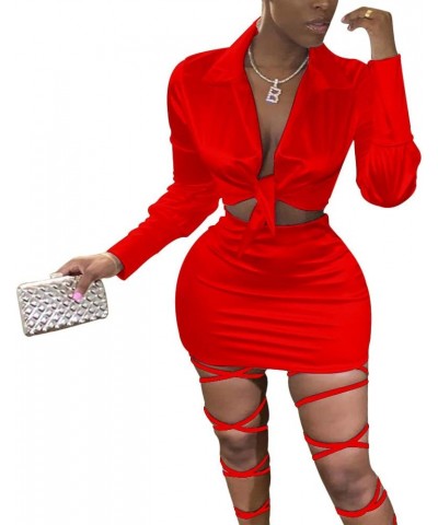 Womens Satin Sexy Self Tie Front Long Sleeve 2 Piece Outfits Crop Top and Mini Bodycon Skirt Set Red $17.15 Suits