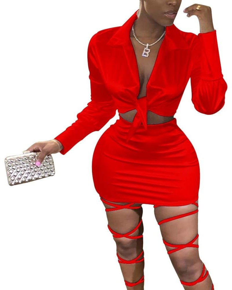 Womens Satin Sexy Self Tie Front Long Sleeve 2 Piece Outfits Crop Top and Mini Bodycon Skirt Set Red $17.15 Suits