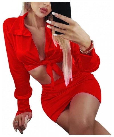 Womens Satin Sexy Self Tie Front Long Sleeve 2 Piece Outfits Crop Top and Mini Bodycon Skirt Set Red $17.15 Suits