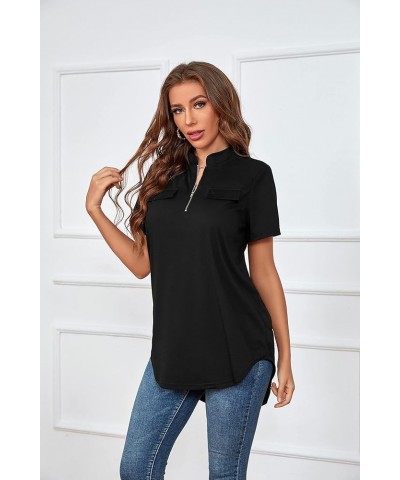 St. Jubileens Women Roll-Up 3/4 Sleeve Plaid Shirt Tunic V Neck Casual Pullover Blouses Tops Pure Black $11.75 Tops