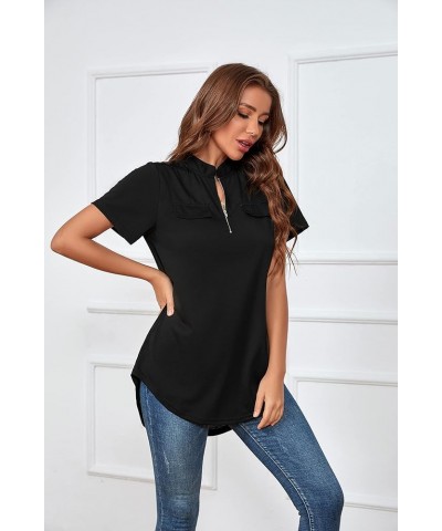 St. Jubileens Women Roll-Up 3/4 Sleeve Plaid Shirt Tunic V Neck Casual Pullover Blouses Tops Pure Black $11.75 Tops