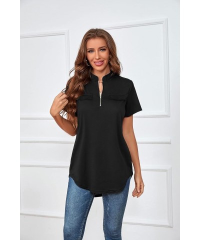 St. Jubileens Women Roll-Up 3/4 Sleeve Plaid Shirt Tunic V Neck Casual Pullover Blouses Tops Pure Black $11.75 Tops