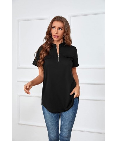 St. Jubileens Women Roll-Up 3/4 Sleeve Plaid Shirt Tunic V Neck Casual Pullover Blouses Tops Pure Black $11.75 Tops