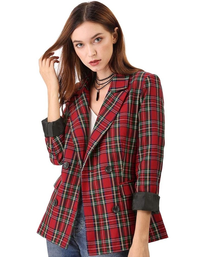 Women's Notched Lapel Double Breasted Work Formal Blazer Jacket Red Green $26.88 Blazers