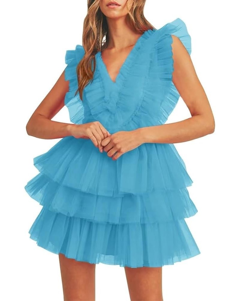 Tiered Tulle Homecoming Dresses for Teens Puffy Ruffles Short Prom Dresses A-Line Cocktail Party Club Growns Blue $25.52 Dresses