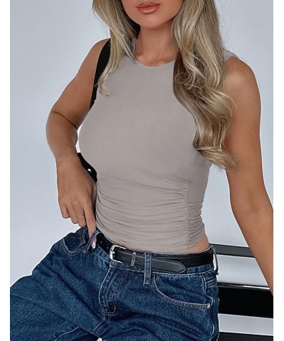 Womens Summer Tank Tops 2024 Sleeveless Crewneck Knit Slim Fitted Side Ruched Casual Basic Shirt Smoke $11.59 Tanks