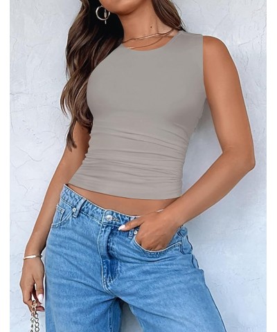 Womens Summer Tank Tops 2024 Sleeveless Crewneck Knit Slim Fitted Side Ruched Casual Basic Shirt Smoke $11.59 Tanks