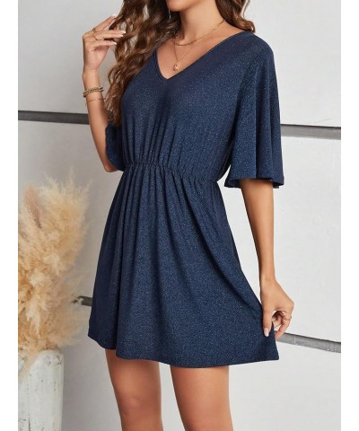 Women's Sequin Sparkly Short Sleeve V Neck High Waist Flared Short Dress Party Glitter Dresses Navy Blue $20.16 Dresses