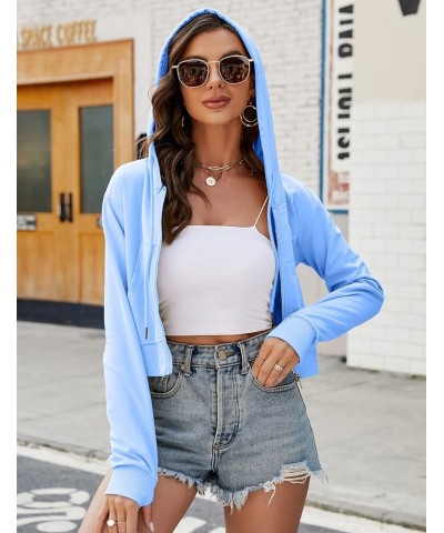 Women's Zip Up Hoodies Cropped Casual Pocketed Cardigan Jacket Drawstring Hooded Sweatshirts Light Blue $14.20 Hoodies & Swea...