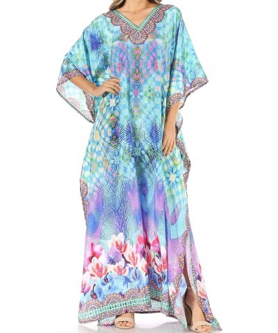 Anahi Flowy Design V Neck Long Caftan Dress/Cover Up with Rhinestone Wt39-turq $29.40 Swimsuits