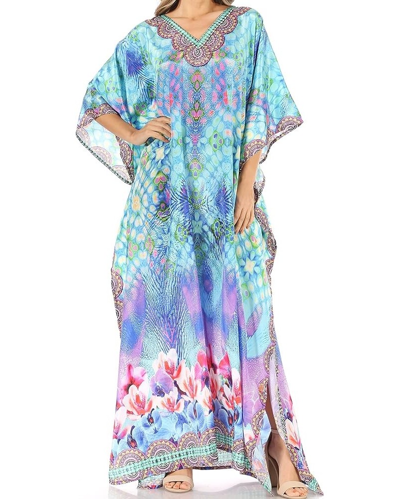 Anahi Flowy Design V Neck Long Caftan Dress/Cover Up with Rhinestone Wt39-turq $29.40 Swimsuits