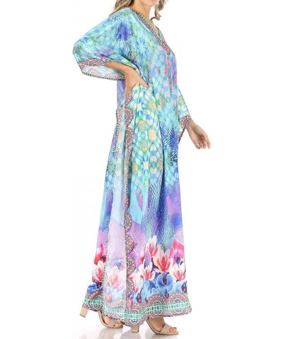 Anahi Flowy Design V Neck Long Caftan Dress/Cover Up with Rhinestone Wt39-turq $29.40 Swimsuits