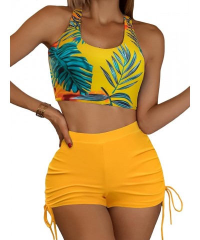 Women's 2 Piece Tropical Print Bikini Criss Cross Drawstring Shorts Swimsuit Yellow $8.69 Swimsuits