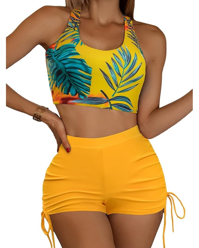 Women's 2 Piece Tropical Print Bikini Criss Cross Drawstring Shorts Swimsuit Yellow $8.69 Swimsuits