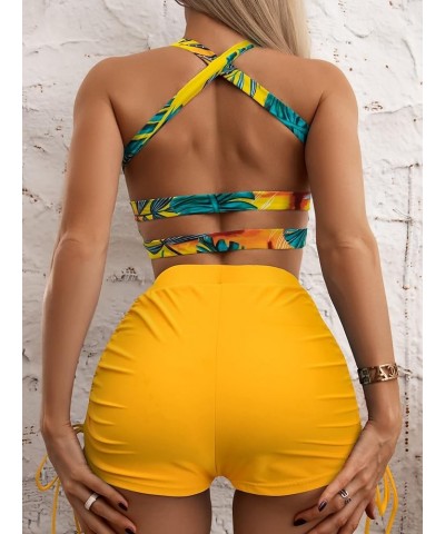 Women's 2 Piece Tropical Print Bikini Criss Cross Drawstring Shorts Swimsuit Yellow $8.69 Swimsuits