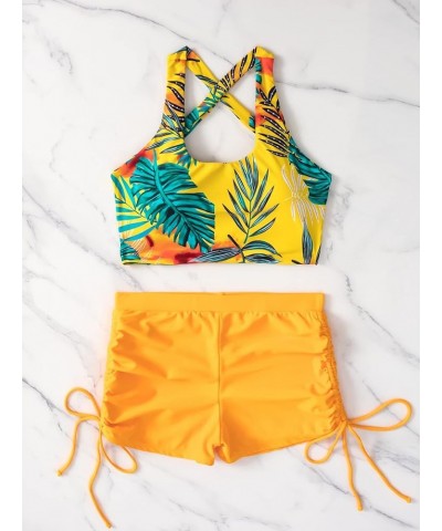 Women's 2 Piece Tropical Print Bikini Criss Cross Drawstring Shorts Swimsuit Yellow $8.69 Swimsuits