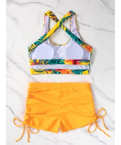 Women's 2 Piece Tropical Print Bikini Criss Cross Drawstring Shorts Swimsuit Yellow $8.69 Swimsuits