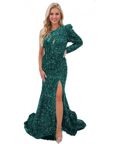 One Shoulder Mermaid Sequin Prom Dress with Slit Long Sleeve Cutout Formal Gown for Women Teal $26.00 Dresses