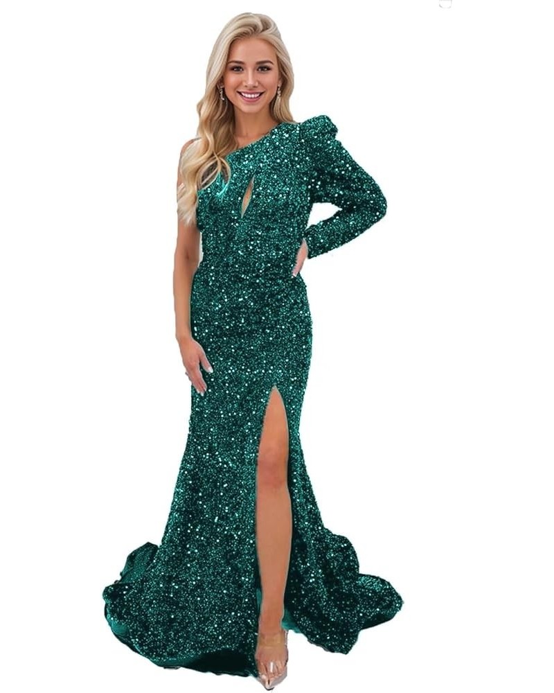 One Shoulder Mermaid Sequin Prom Dress with Slit Long Sleeve Cutout Formal Gown for Women Teal $26.00 Dresses