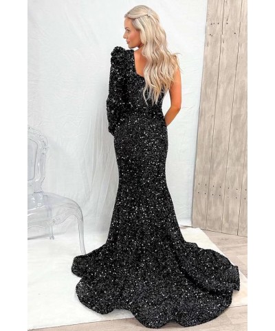 One Shoulder Mermaid Sequin Prom Dress with Slit Long Sleeve Cutout Formal Gown for Women Teal $26.00 Dresses