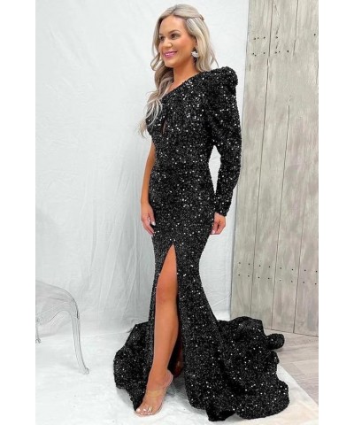 One Shoulder Mermaid Sequin Prom Dress with Slit Long Sleeve Cutout Formal Gown for Women Teal $26.00 Dresses